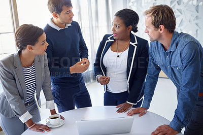 Buy stock photo Business people, teamwork and laptop with conversation, brainstorming and professional in modern office. Staff, employees or coworkers with idea, collaboration and diversity with internet and project