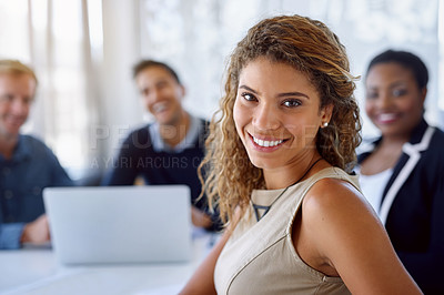 Buy stock photo Meeting, face and woman in boardroom, happy and proud of teamwork for project, laptop and confident in company. Business, auditor and person in workplace, professional and portrait of employee