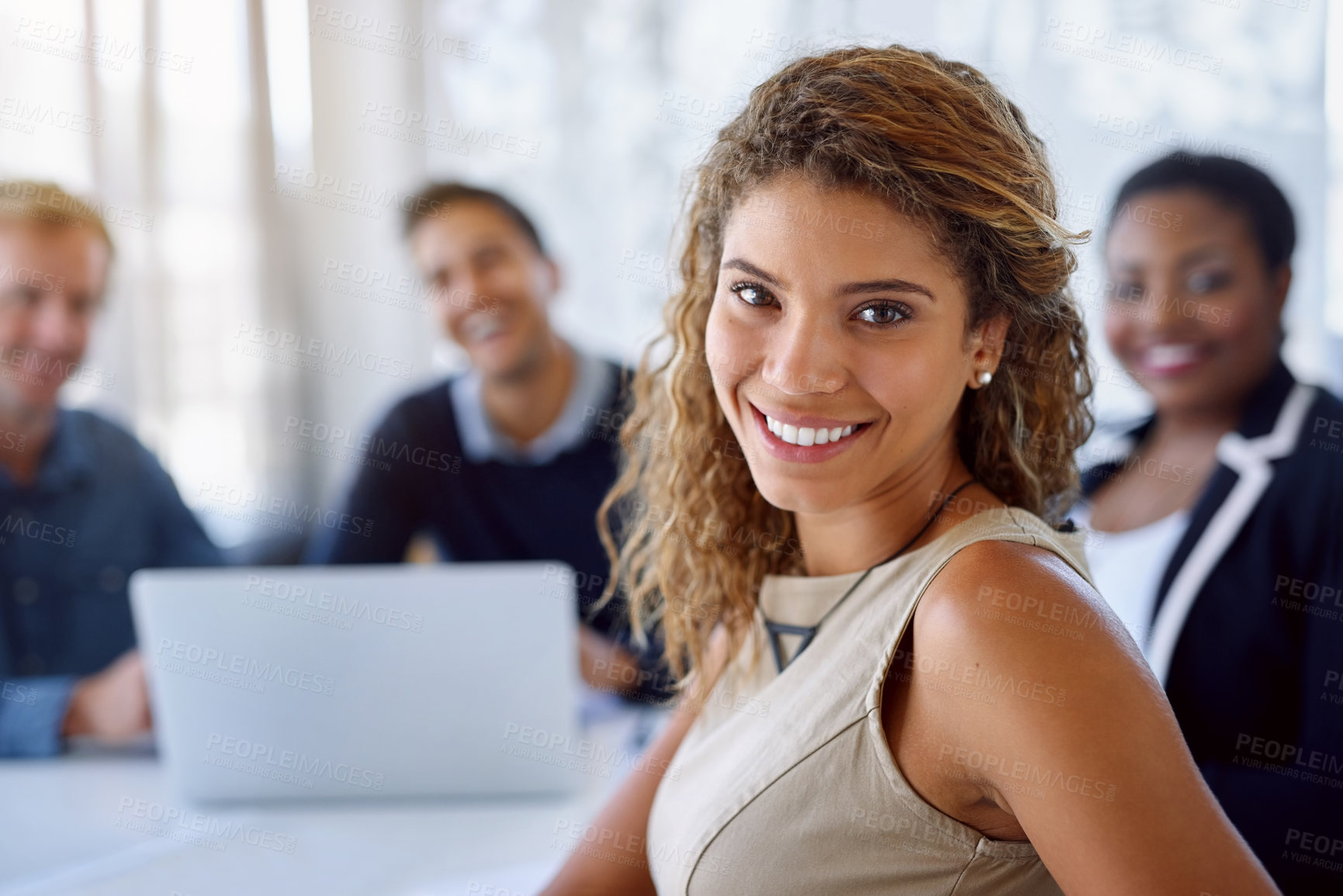 Buy stock photo Meeting, face and woman in boardroom, happy and proud of teamwork for project, laptop and confident in company. Business, auditor and person in workplace, professional and portrait of employee