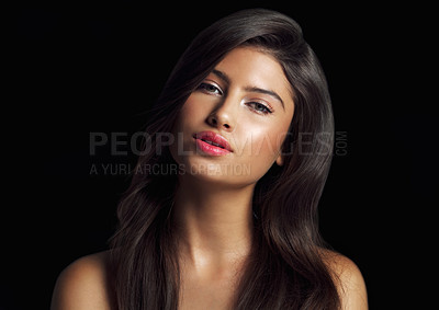 Buy stock photo Portrait, hair care and woman with cosmetics, shine or cosmetics on black studio background. Face, person or model with glow, aesthetic or grooming routine with dermatology, beauty or salon treatment