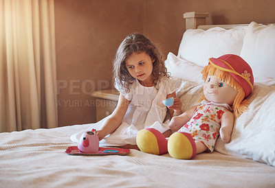 Buy stock photo Tea party, playing and kid with doll in bedroom for imagination, pretend and fun on weekend. Home, little girl and tray with kettle on blanket for creativity, entertainment and child development