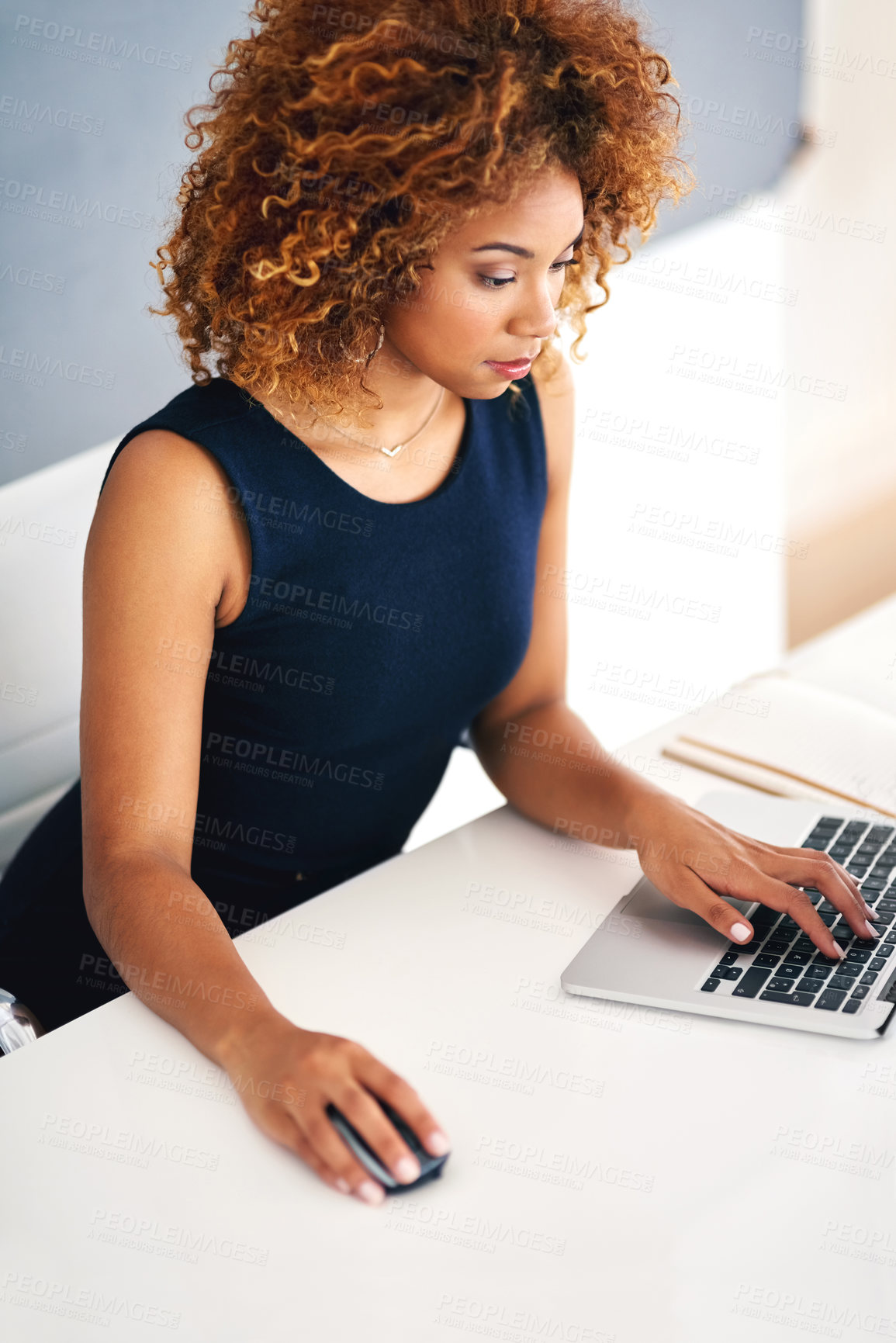 Buy stock photo Business, thinking and black woman with laptop, typing and consultant with pc, internet and style editor. African person, worker or agent with computer, writer for magazine or connection for research