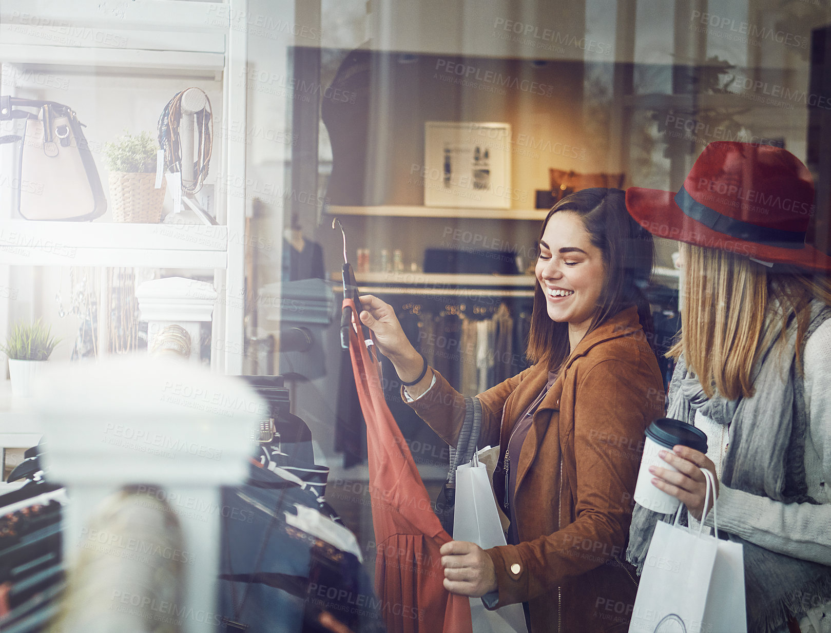 Buy stock photo Customer, women and happy with dress in boutique store for promotion, discount and sale. Smile, female friends and people checking rack of clothes in fabric, material and retail shop at indoor mall