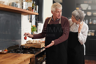 Buy stock photo Cooking, pepper and senior couple in kitchen at home with ingredients for healthy diet meal. Love, food and elderly man and woman preparing dinner, lunch or supper with vegetables at house in Canada.