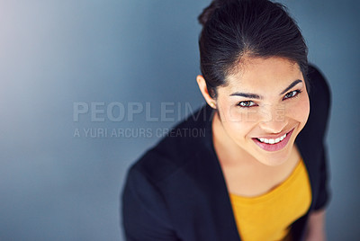 Buy stock photo Portrait, business and woman in above studio with pride for professional career, lawyer or ambition of opportunity. Smile, female person and confident, legal consultant or law firm on blue background