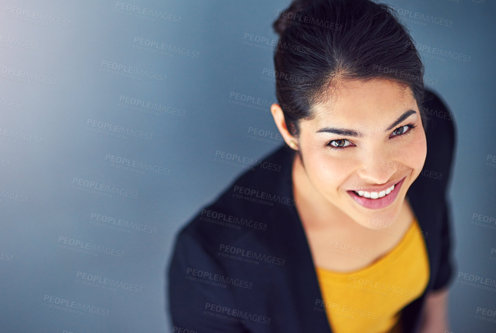 Buy stock photo Portrait, business and woman in above studio with pride for professional career, lawyer or ambition of opportunity. Smile, female person and confident, legal consultant or law firm on blue background