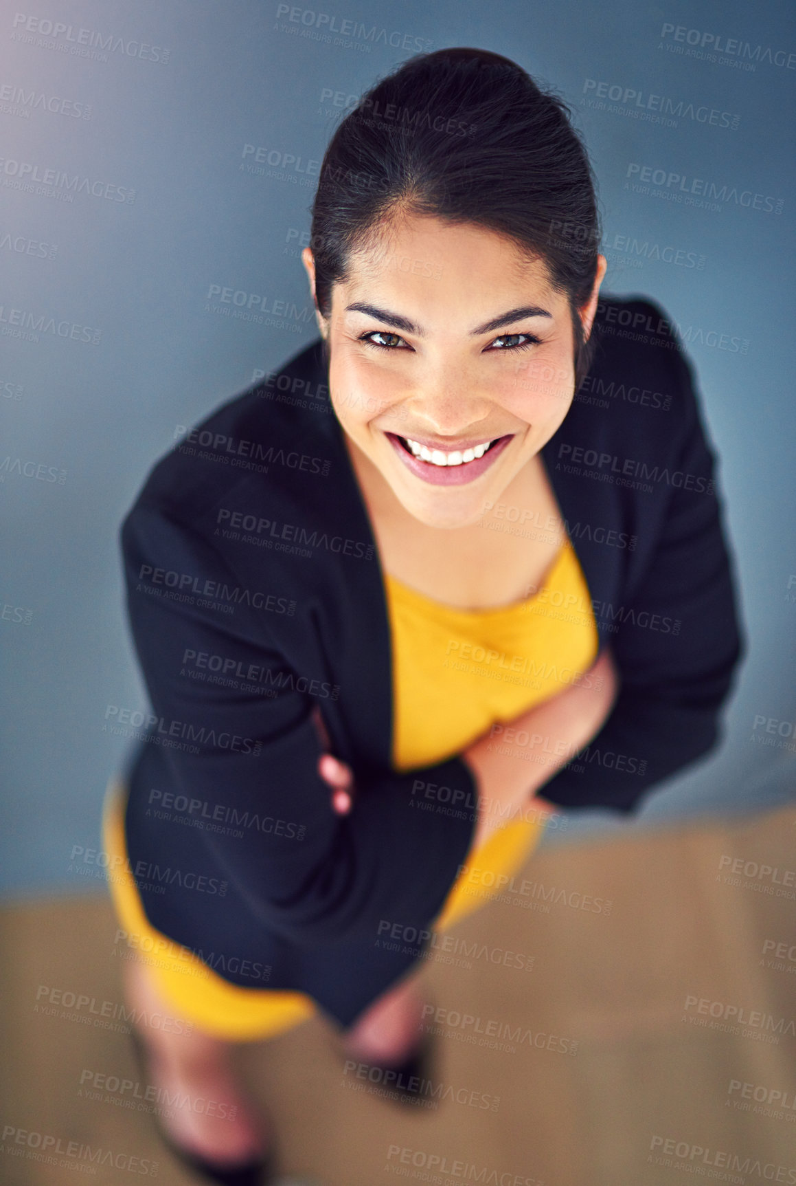 Buy stock photo Business, woman and portrait in above studio with pride for professional career, lawyer or ambition of opportunity. Confident, female person and smile, legal consultant or law firm on blue background