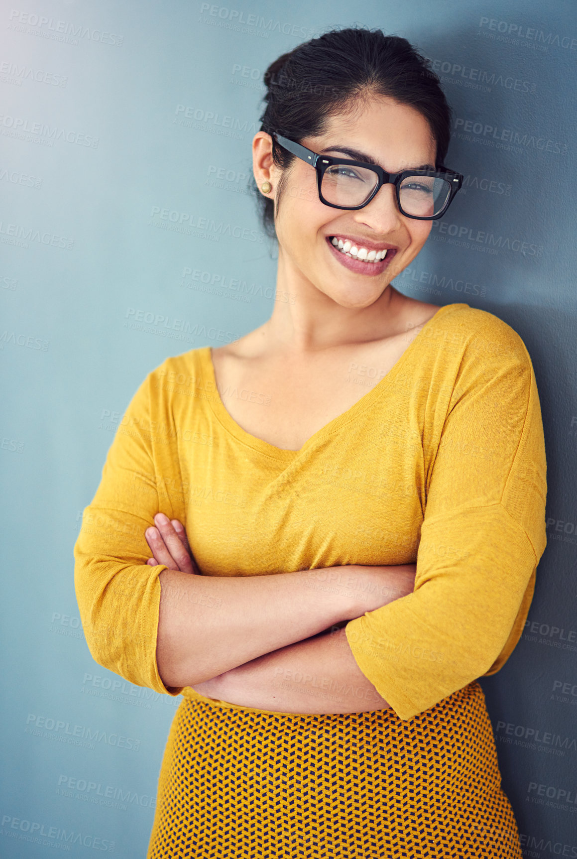 Buy stock photo Business woman, portrait and crossed arms in studio on gray background for career, job and work. Employee, smile and confident accountant for pride, professional and corporate agenda with glasses