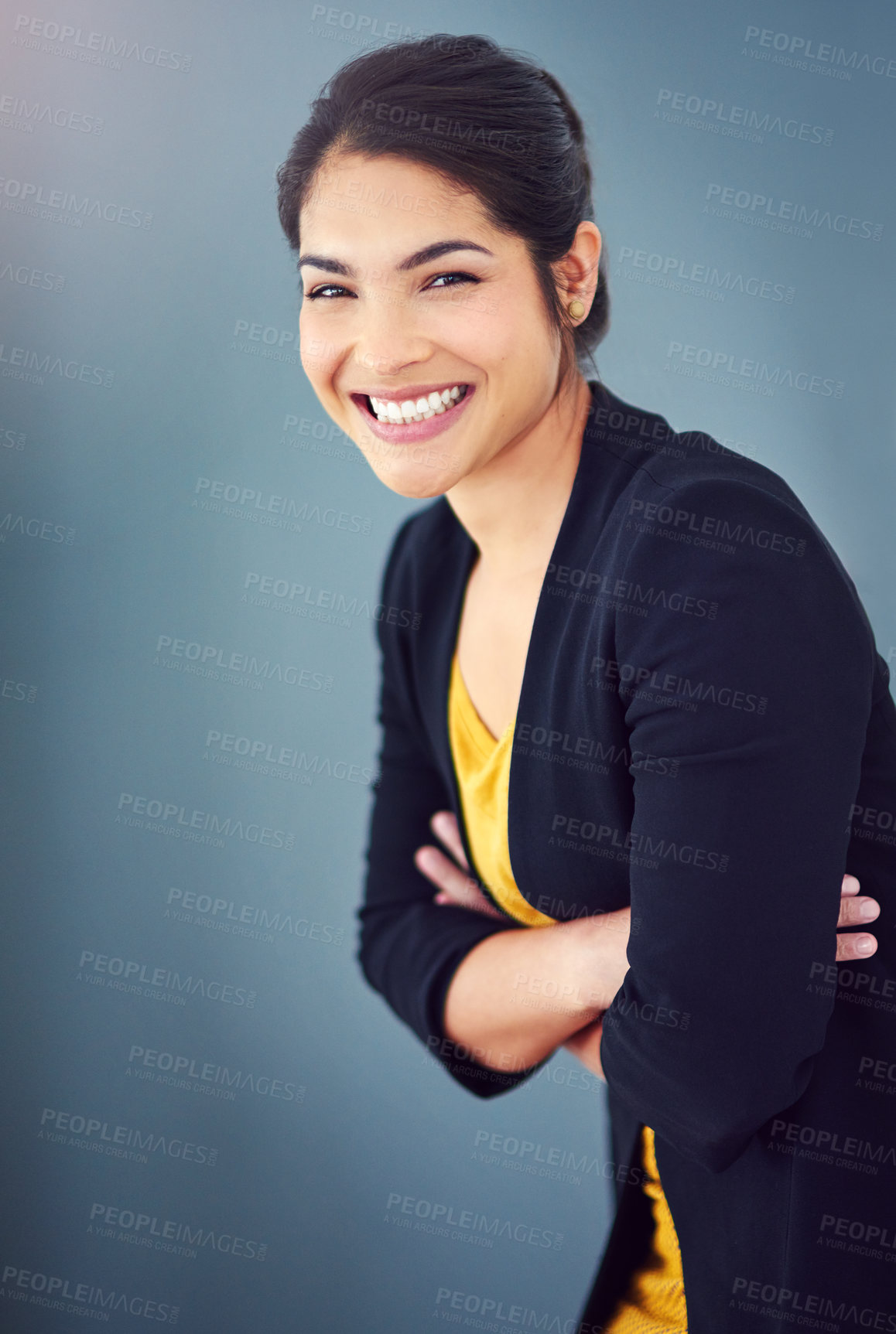 Buy stock photo Studio, lawyer and portrait of woman, happy and professional with pride, legal and confidence. Blue background, student and smile of person, internship and career in law firm for financial advisor