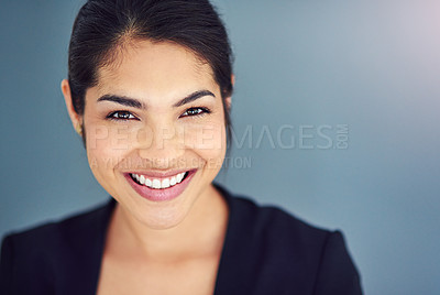 Buy stock photo Studio, business and face of woman, confident and professional with pride, USA and lawyer. Blue background, student and smile of person, internship and career in law firm for financial advisor