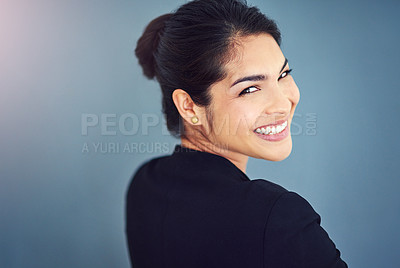 Buy stock photo Business woman, portrait and confidence in studio on gray background for career, job and work as professional. Employee, happy and face of lawyer with growth mindset, pride and corporate ambition