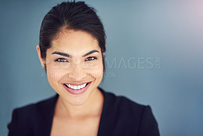 Buy stock photo Studio, employee and face of woman, confident and professional with pride, USA and lawyer. Blue background, student and smile of person, internship and career in law firm for financial advisor