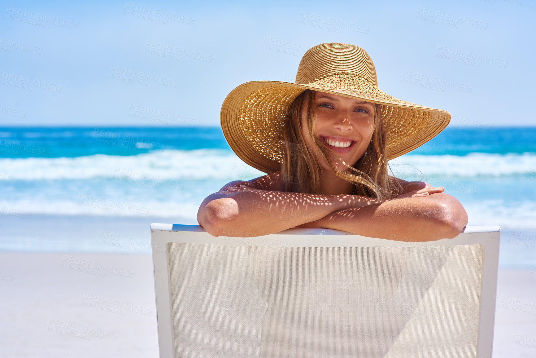 Buy stock photo Portrait, beach and woman on a holiday, summer and travel with happiness, relax and getaway with tourism. Face, female person or girl on a chair, seaside vacation and tropical island with destination