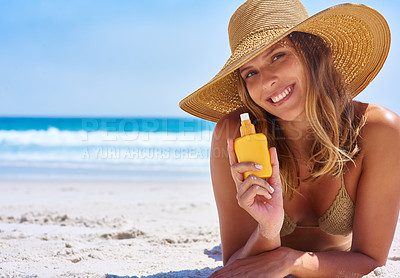 Buy stock photo Sunscreen, portrait and happy woman on beach for skincare, cosmetics and beauty health, summer and holiday. Island, tropical and face of model or person relax by ocean, dermatology bottle and product