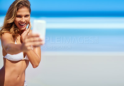 Buy stock photo Phone selfie, beach and bikini woman on relax summer vacation for peace, freedom or ocean adventure mockup. Sea sand, blue nature mock up and girl with mobile picture memory of Toronto Canada holiday