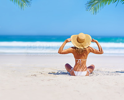Buy stock photo Travel, beach and woman on island for holiday, tropical adventure and vacation in Mauritius. Tropical mockup, ocean and back of female person relax in bikini by sea for tourism, summer and getaway