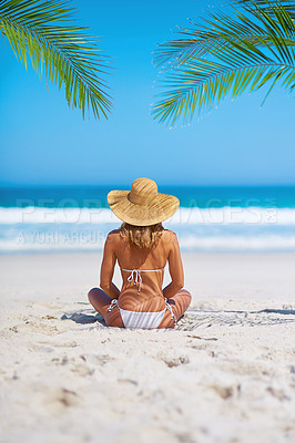Buy stock photo Tropical, holiday and back of woman on beach sand for adventure, summer and vacation in Mauritius. Travel mockup, ocean and female person relax in bikini by ocean for tourism, traveling and getaway