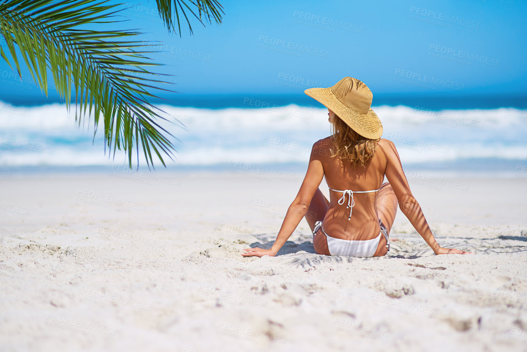 Buy stock photo Tropical, beach and woman relax on island on sand for adventure, holiday and vacation in Mauritius. Travel mockup, ocean and back of female person in bikini by sea for summer, traveling and getaway