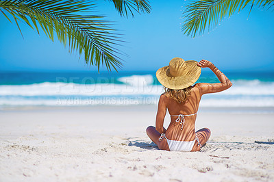 Buy stock photo Tropical island, beach and back of woman for summer adventure, holiday and vacation in Mauritius. Travel mockup, ocean and female person relax in bikini on sand for tourism, traveling and getaway