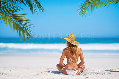 Buy stock photo Tropical mockup, beach and back of woman on island on sand for adventure, holiday and vacation in Mauritius. Travel, ocean and female person relax in bikini by sea for tourism, traveling and getaway