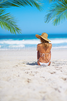 Buy stock photo Tropical, island and back of woman on beach sand for adventure, holiday and vacation in Mauritius. Travel mockup, ocean and female person relax in bikini for paradise, tourism and summer getaway