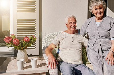 Buy stock photo Morning, patio and portrait of senior couple enjoying bonding, quality time and relax on deck. Love, retirement home and happy elderly man and woman smile together for happiness, romance and marriage