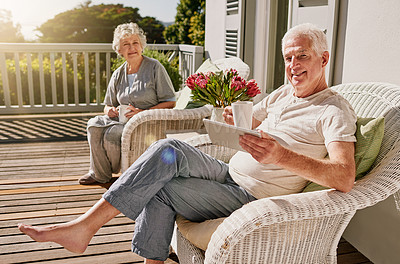 Buy stock photo Morning, patio and portrait of senior couple with coffee enjoying bonding, quality time and relax on deck. Love, retirement and elderly man and woman smile with drink for breakfast outdoors at home