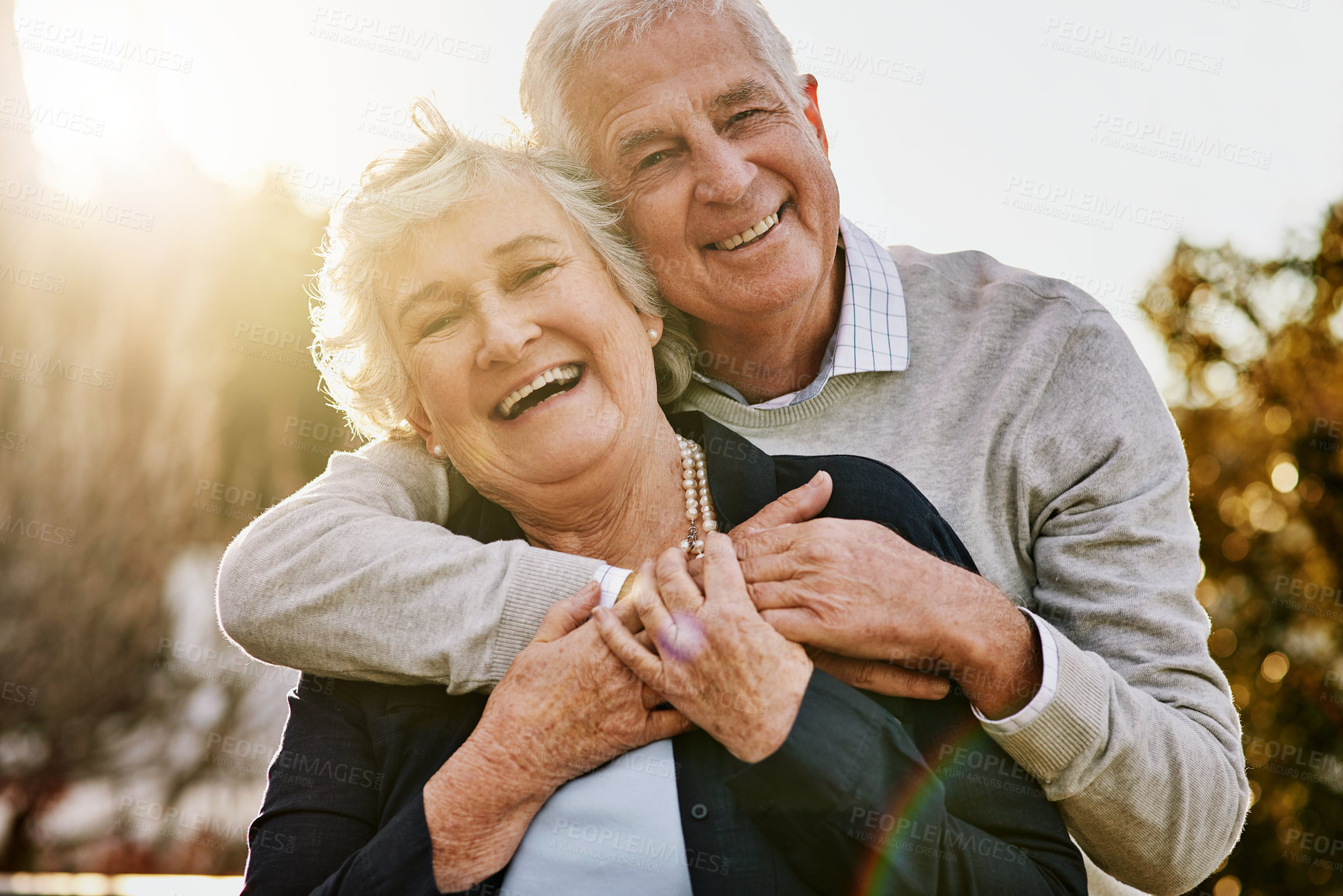 Buy stock photo Happy, love and portrait of senior couple enjoying bonding, quality time and relax in morning. Nature, retirement and elderly man and woman smile outdoors for marriage, trust and happiness at sunrise