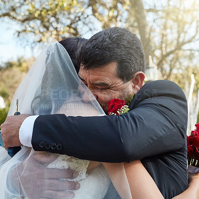 Buy stock photo Cropped shot of a father hugging his daughter on her wedding day