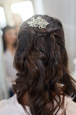 Buy stock photo Rearview shot of a woman's hairdo on her wedding day