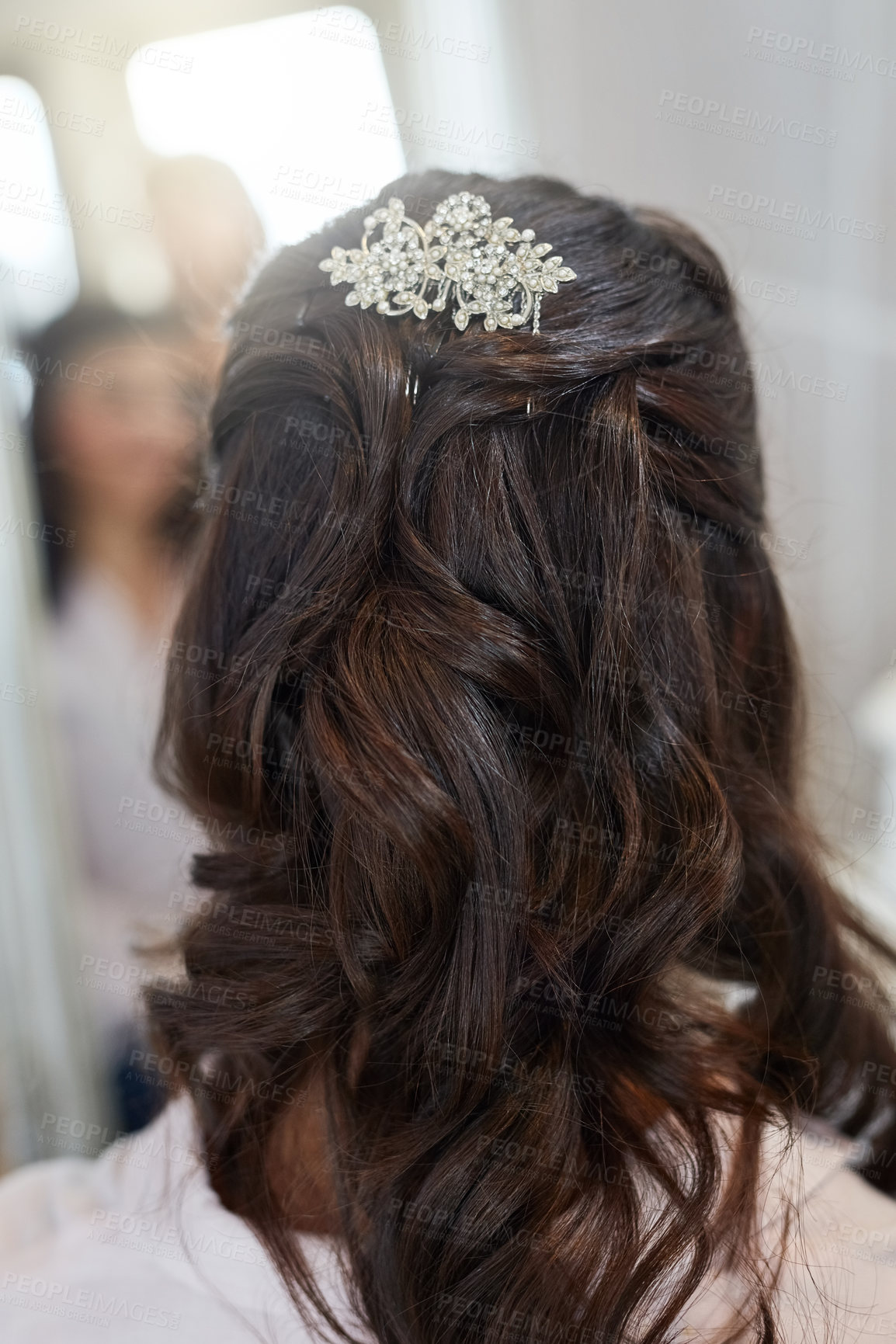 Buy stock photo Rearview shot of a woman's hairdo on her wedding day