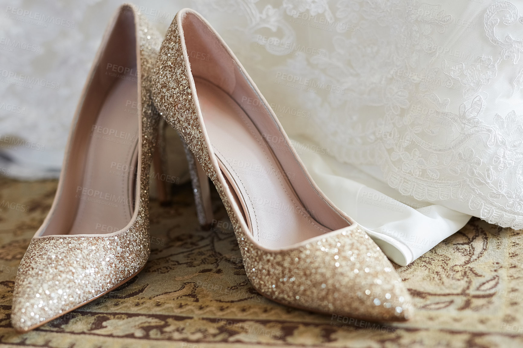 Buy stock photo Closeup shot of a bride's wedding shoes