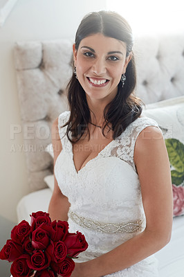 Buy stock photo Cropped shot of an attractive young bride on her wedding day