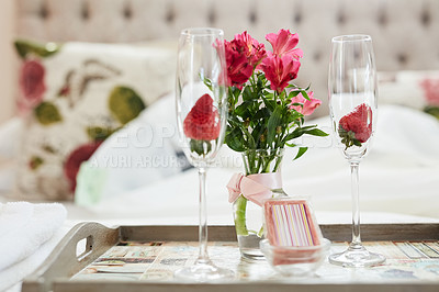 Buy stock photo Shot of a honeymoon suite ready for a newly married couple