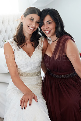 Buy stock photo Shot of the bride and maid on honor spending time together