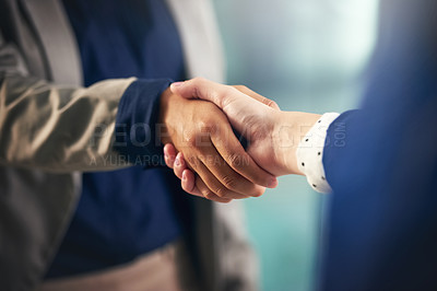 Buy stock photo Teamwork, closeup or business people shaking hands in b2b meeting for project or contract agreement. Hiring, handshake zoom or worker with job promotion, deal negotiation or partnership opportunity 