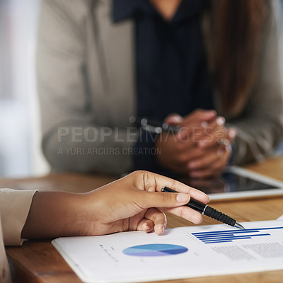 Buy stock photo Paperwork, graphs or hands of business people planning a project together with charts, data or statistics. Teamwork, finance documents closeup or financial accountants in meeting working on strategy