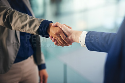 Buy stock photo Hiring, closeup or business people shaking hands in b2b meeting for project or contract agreement. Teamwork, handshake zoom or worker with job promotion, deal negotiation or partnership opportunity 