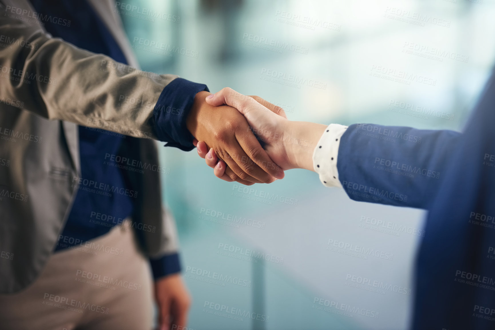 Buy stock photo Hiring, closeup or business people shaking hands in b2b meeting for project or contract agreement. Teamwork, handshake zoom or worker with job promotion, deal negotiation or partnership opportunity 