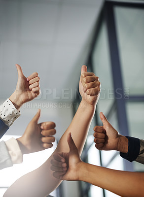 Buy stock photo Business people, hands or thumbs up in agreement for winning, good job or teamwork success together. Hand of group of employees showing thumb up emoji, yes sign or like in team support in office