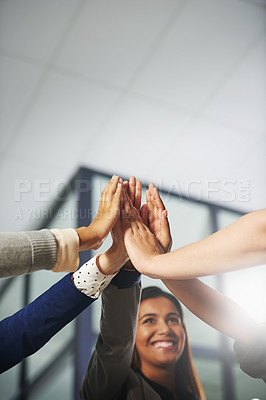 Buy stock photo High five, success or hands of excited business people meeting in celebration of b2b group project. Teamwork, smile or happy employees celebrate winning a bonus, deal or sales target goals together