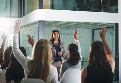 Buy stock photo Hands up, black woman or business people in a presentation asking women questions or ideas. Team work, faq or happy female mentor talking, training or speaking to employees in a group discussion