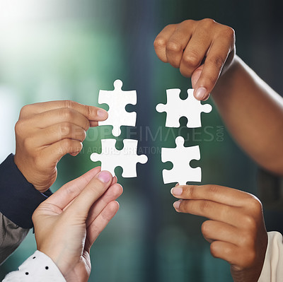Buy stock photo People, hands or puzzle collaboration for problem solving ideas with planning, team building or strategy. Hand with jigsaw, zoom or meeting for partnership or community group with mission or solution