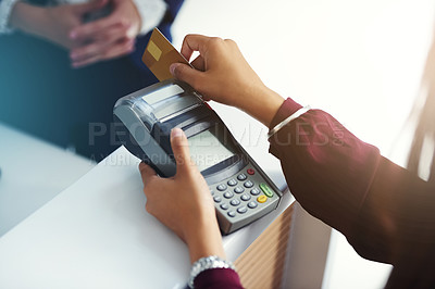 Buy stock photo Credit card payment, swipe or hands of person in store with pos machine in a financial exchange. B2c fintech, sales services or closeup of customer paying, swiping or shopping in retail trade mall 