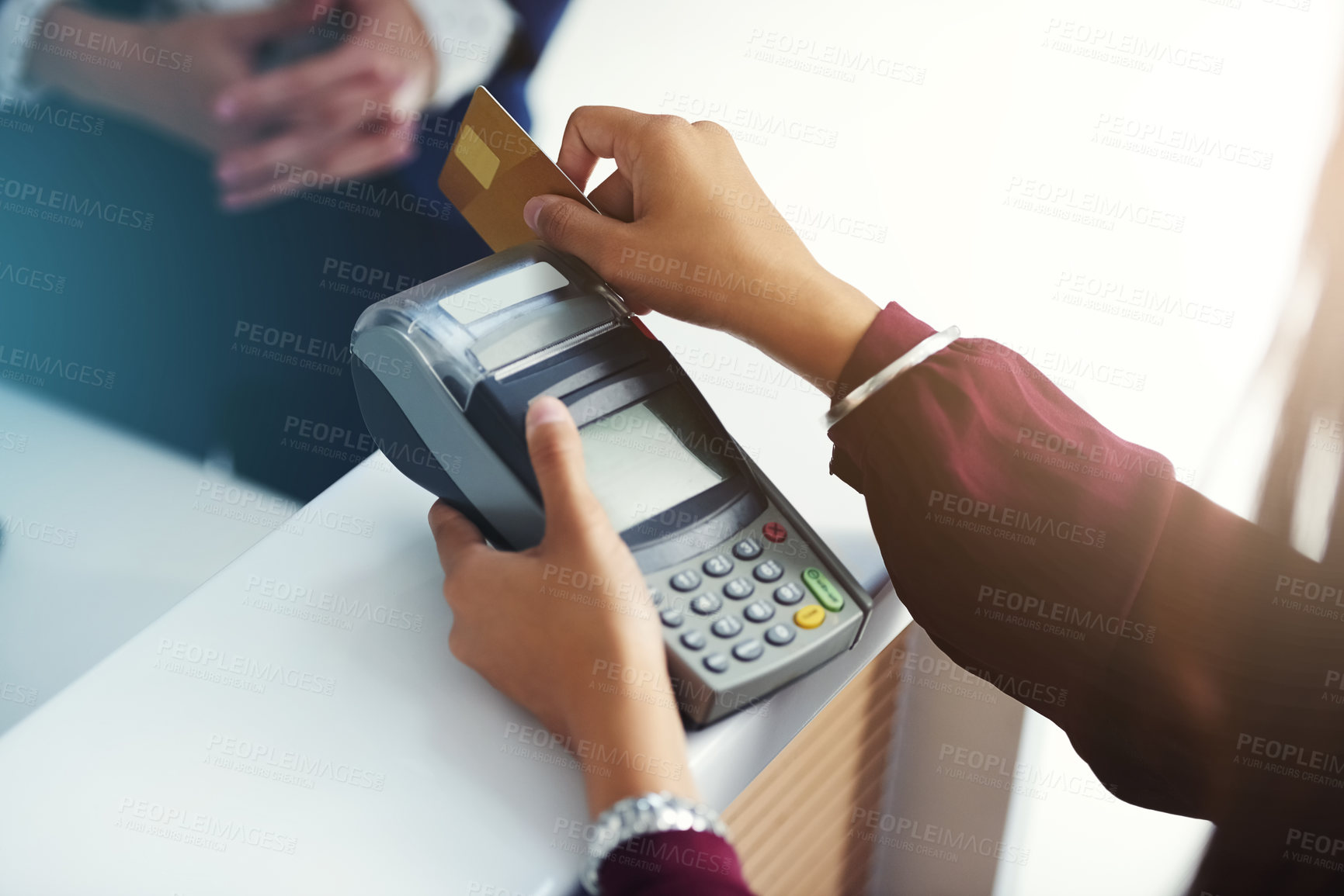 Buy stock photo Credit card payment, swipe or hands of person in store with pos machine in a financial exchange. B2c fintech, sales services or closeup of customer paying, swiping or shopping in retail trade mall 