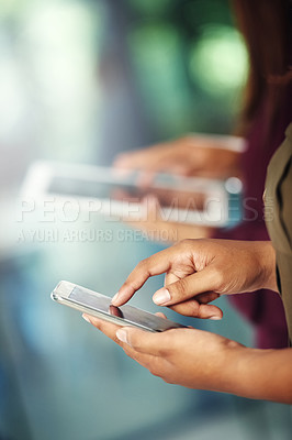 Buy stock photo Phone, social media or hands of business people in office for networking web, chatting or texting message. Closeup, tablet or hand of employees scrolling or typing email online on digital mobile app 