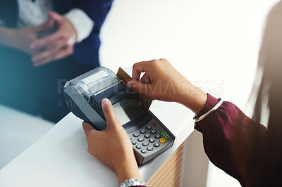 Buy stock photo Credit card payment, swipe or hands of person in mall with pos machine in a financial exchange. B2c fintech, sales services or closeup of customer paying, swiping or shopping in retail store trade 