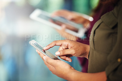 Buy stock photo Phone, closeup or hands of business people in office on social media networking, chatting or texting message. News, tablet or hand of employees scrolling or typing email online on digital mobile app