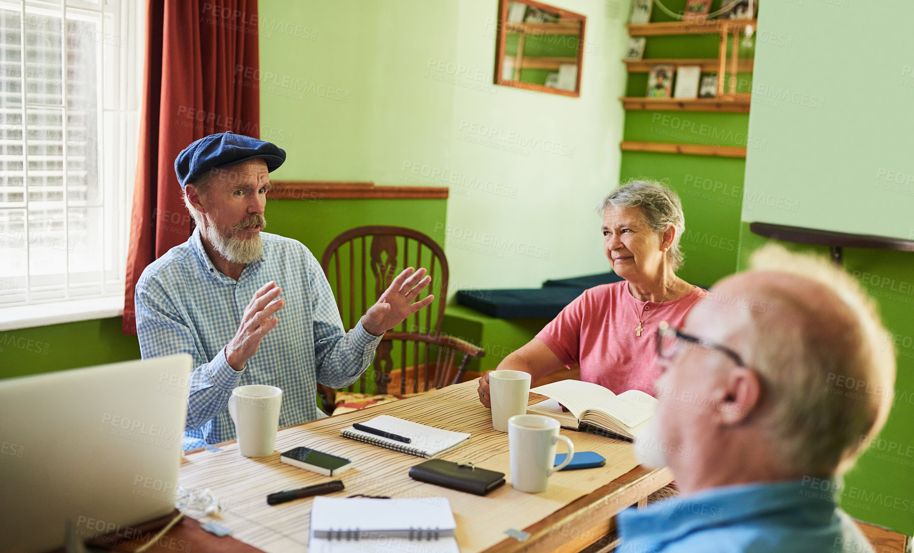 Buy stock photo Council, real estate and retirement home with senior people in living room for corporate meeting. Discussion, laptop and notebook with elderly resident group speaking in apartment for planning