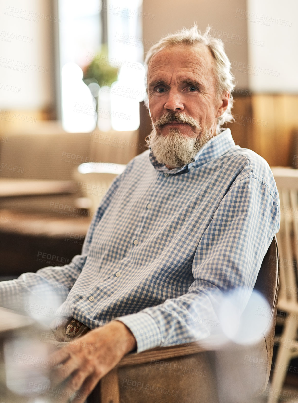 Buy stock photo Senior man, portrait and relax in cafe at table for retirement, happiness and morning routine with peace. Elderly person, face and comfort in restaurant on chair for vacation, hospitality and leisure